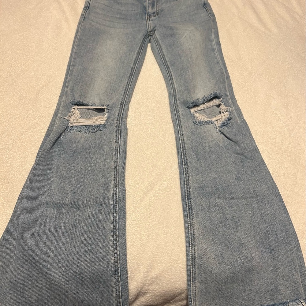 Flying Monkey Light Blue Distressed High Rise Flare Jeans